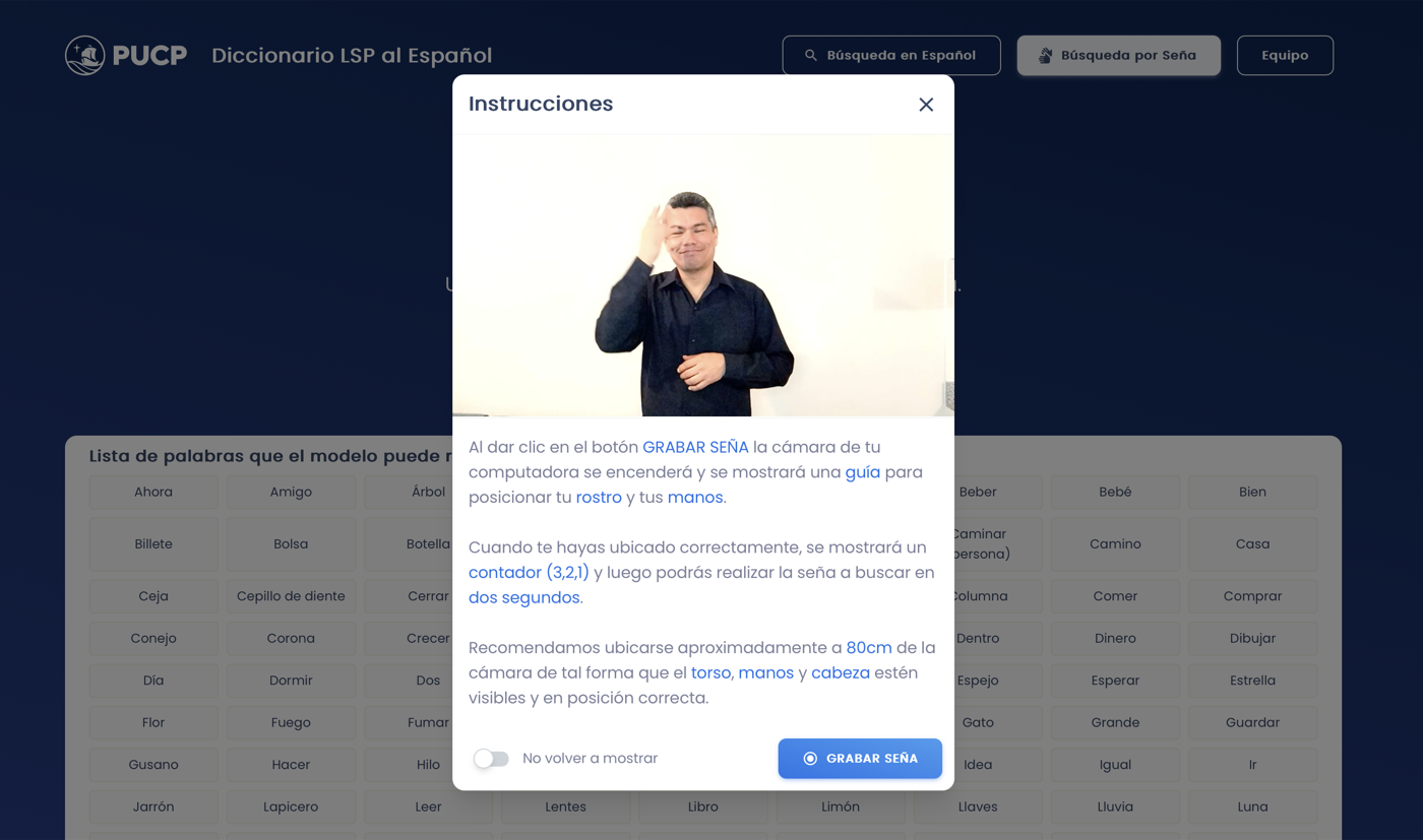 Diccionario LSP al Espanol by PUCP: search Peruvian Sign Language by recording a sign with your webcam, or search in Spanish