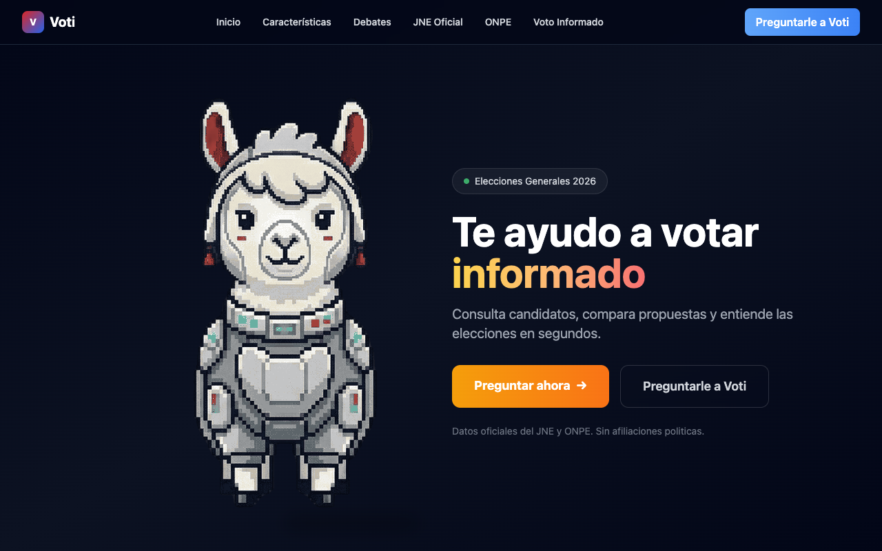 Voti landing page: Te ayudo a votar informado, with the pixel-art llama mascot
